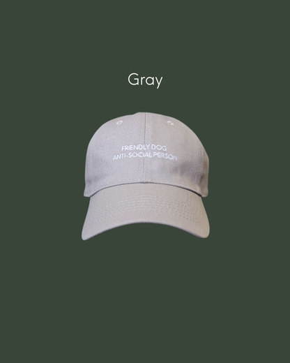 cool aesthetic cap with with humour "Friendly Dog Anti Social Person Cap" in gray 