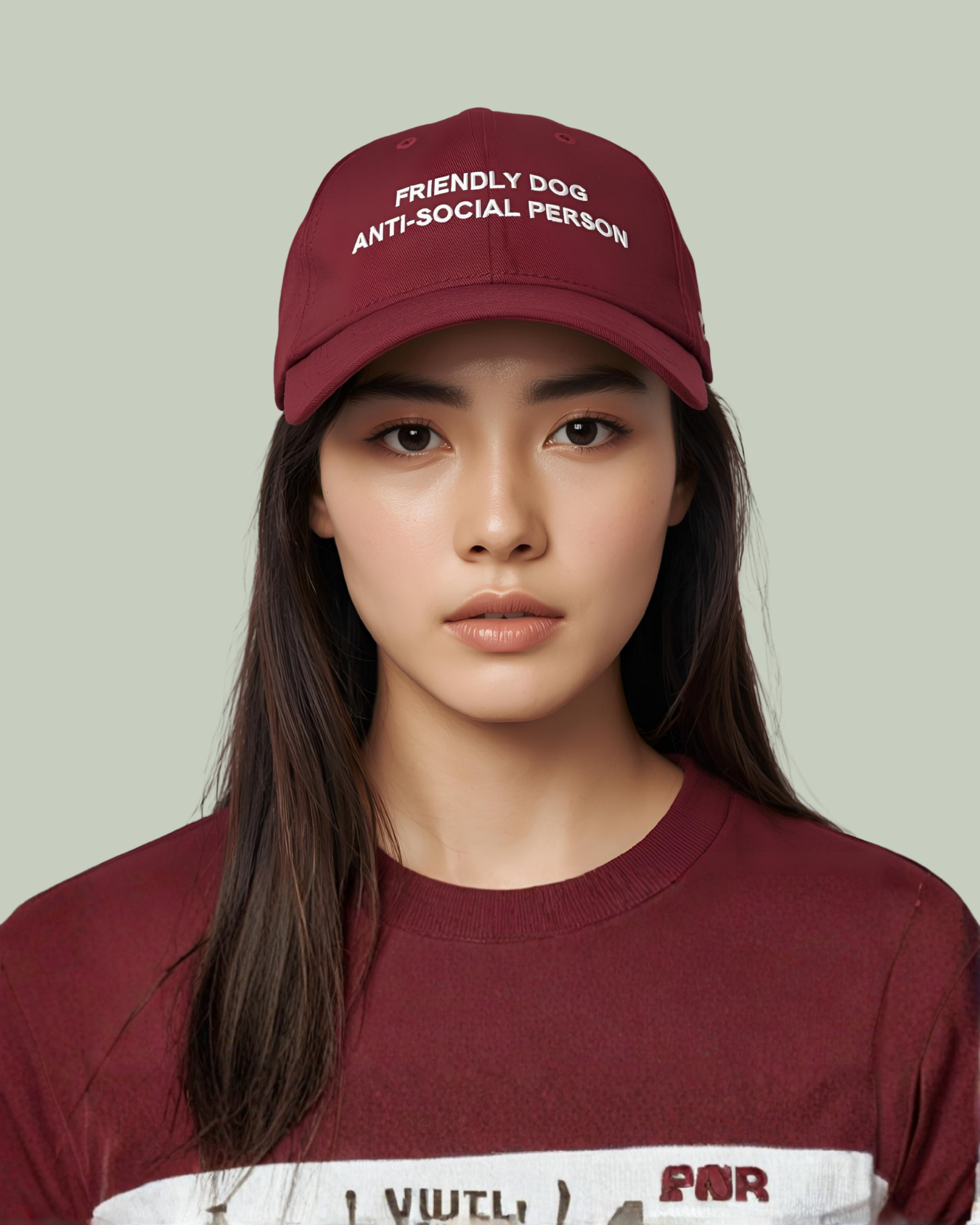 Model wearing cool aesthetic cap with with humour "Friendly Dog Anti Social Person Cap" in maroon