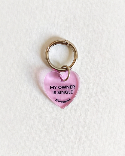 twinning pink heart shape acrylic matching pet collar charm with words "my owner is single'. for cats and dogs 
