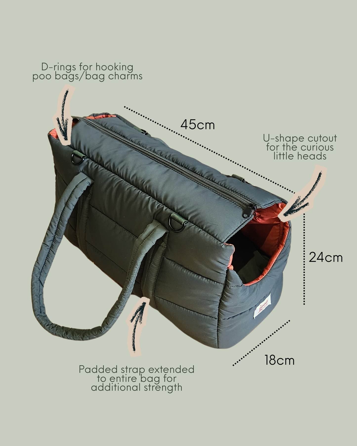 Dark olive green puffer pet carrier with comfortable padded orange interior and U-cut side opening for pets and long shoulder strap for strength and comfort