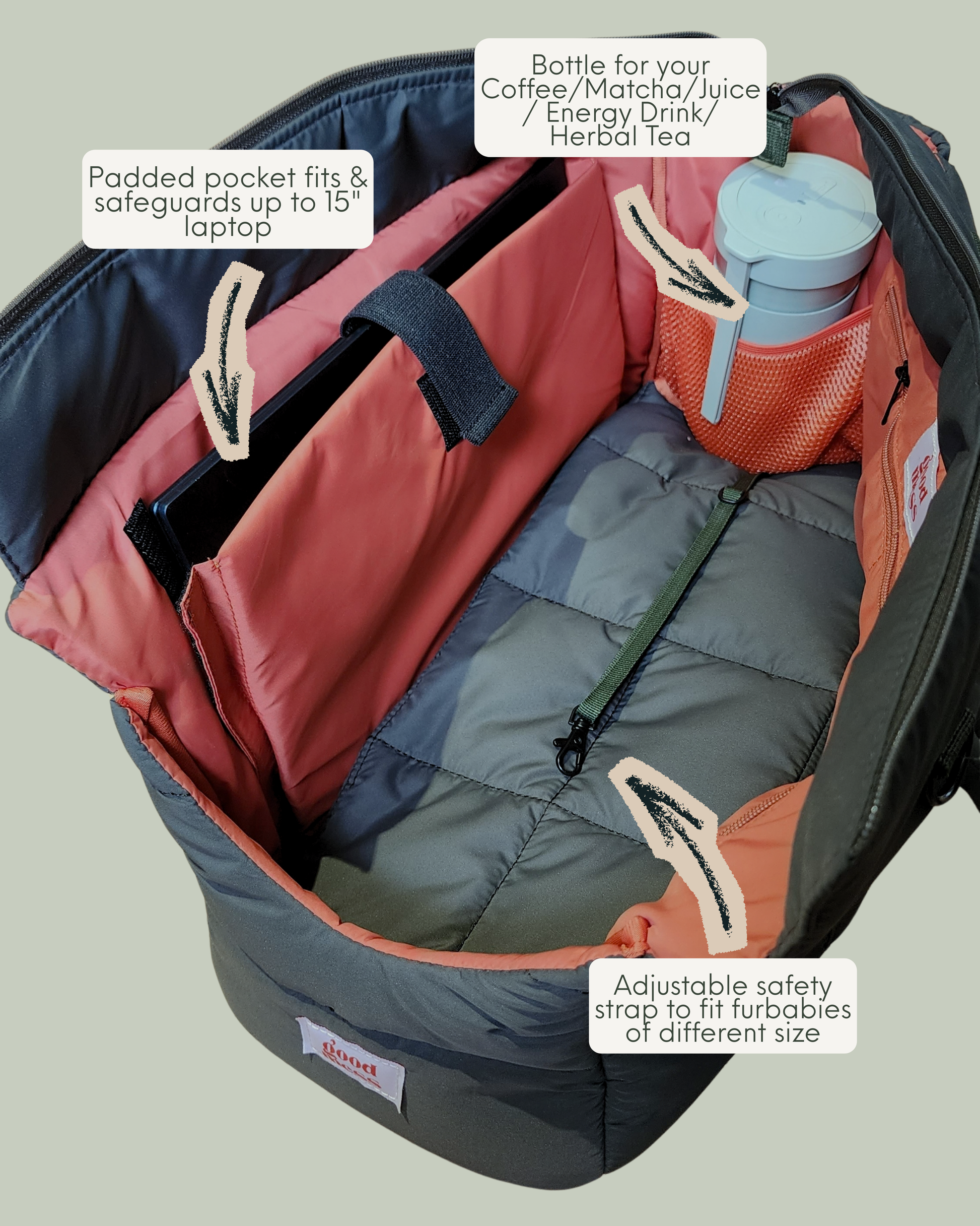 Good Mess dark olive green puffer lightweight pet carrier with orange interior and padded compartments that fits a laptop, bottles, pickleball paddle and adjustable strap for pet safety