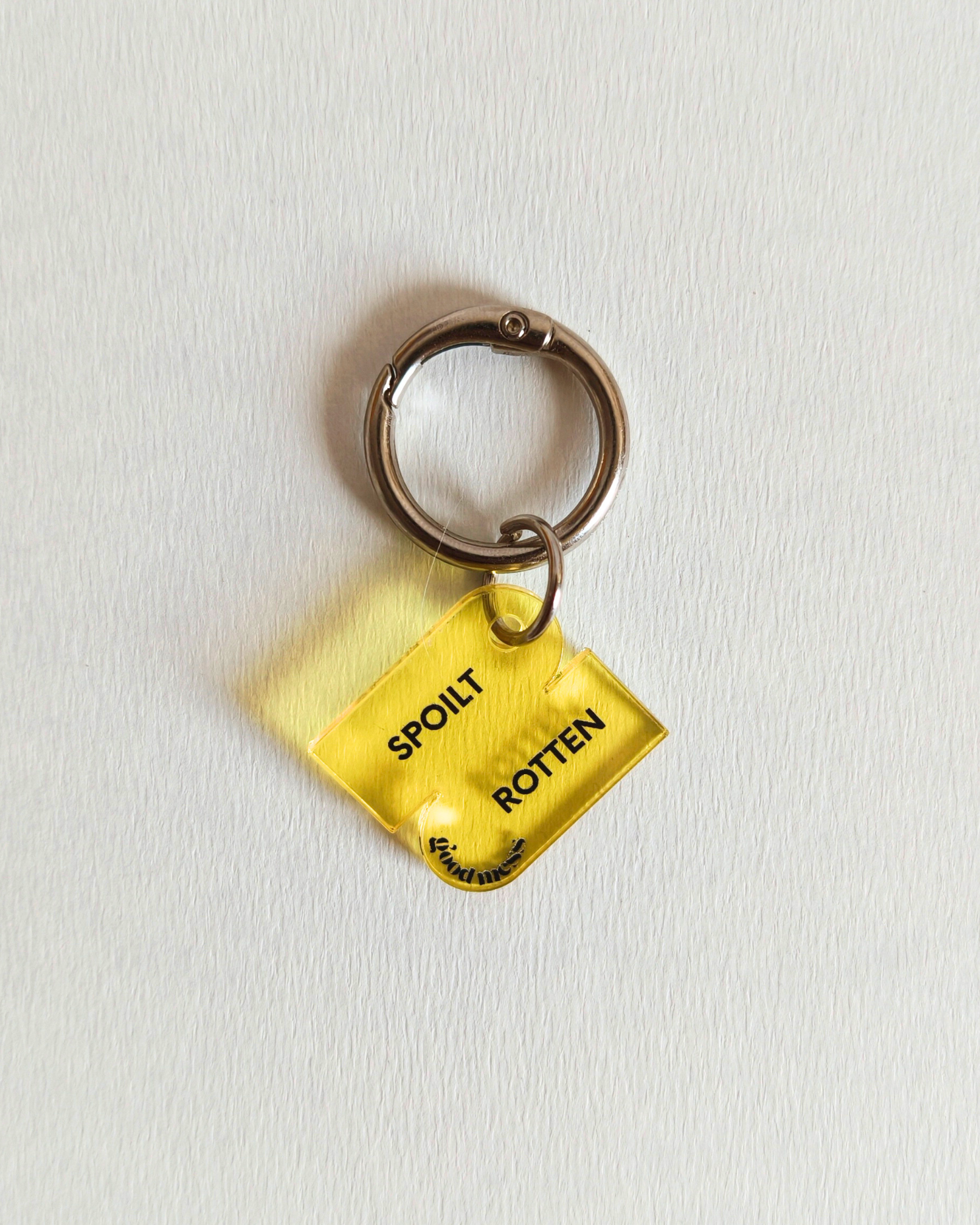 yellow acrylic pet collar charm with twinning witty quotes  "Spoilt rotten" with matching bag charm "Life is short. Spoil your furbaby"
