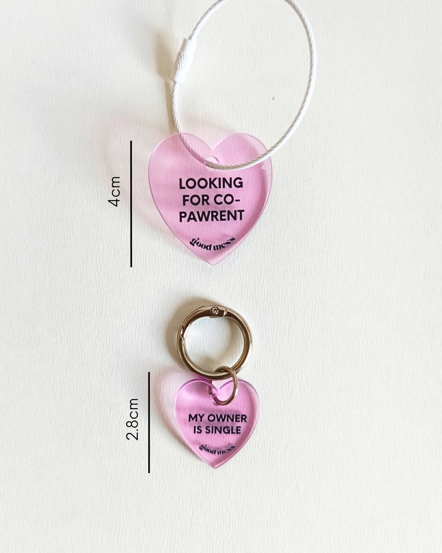 pink heart shape acrylic matching pet collar charm and bag keychain charm with twinning witty quotes on single pawrenthood
