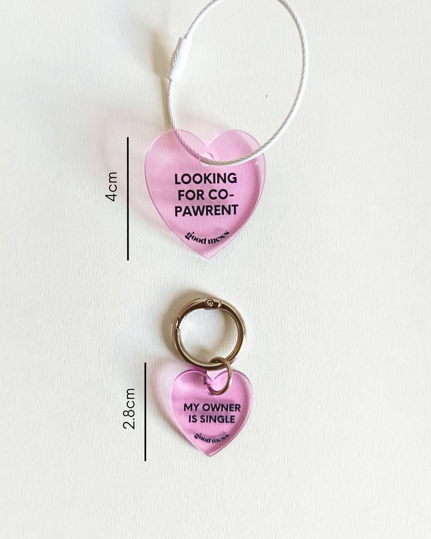 pink heart shape acrylic matching pet collar charm and bag keychain charm with twinning witty quotes on single pawrenthood