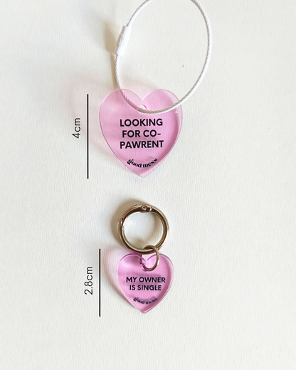 pink heart shape acrylic matching pet collar charm and bag keychain charm with twinning witty quotes on single pawrenthood