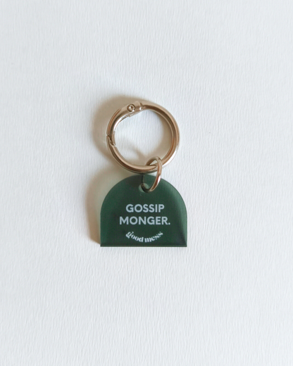 dark green aesthetic acrylic pet collar charm "Gossip Monger" with twinning witty quotes bag charm "My furkid and I gossip about you"
