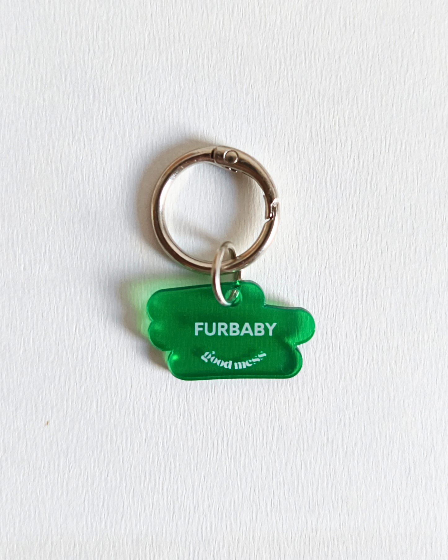 green acrylic matching witty quotes, pet collar charm with "Furbaby" and twinning bag charm "Fur Collector" 