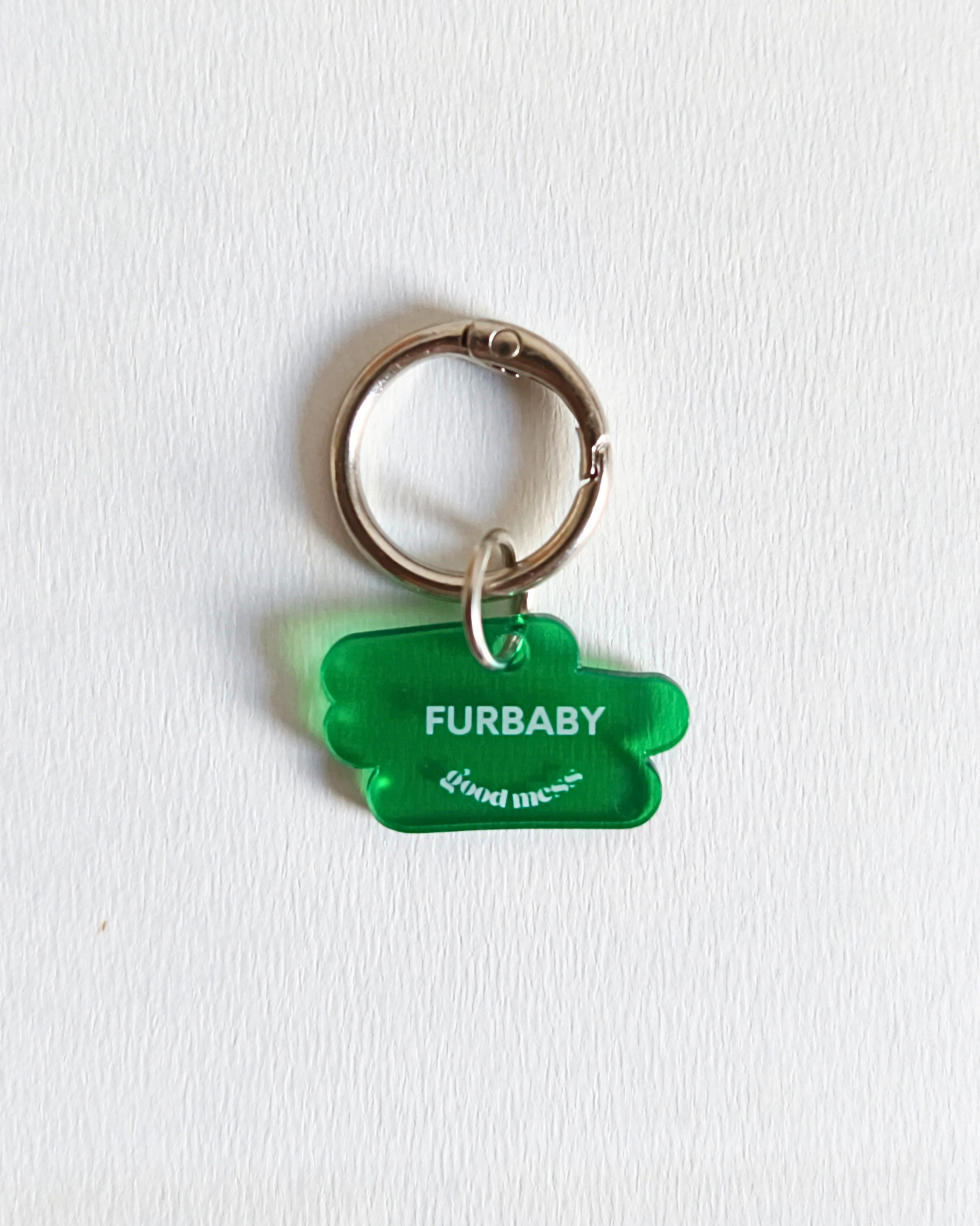 green acrylic matching witty quotes, pet collar charm with "Furbaby" and twinning bag charm "Fur Collector" 