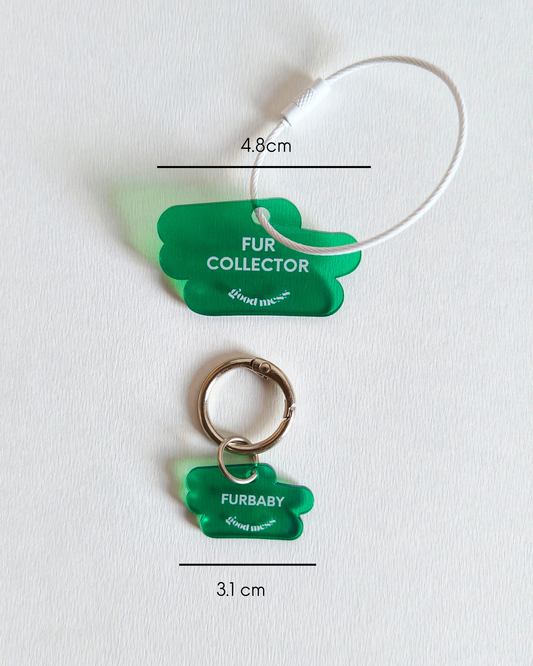 green acrylic matching witty quotes, pet collar charm with "Furbaby" and twinning bag charm "Fur Collector" 