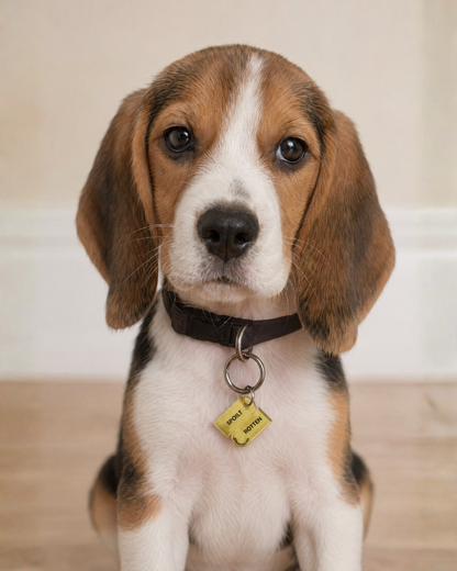 beagle puppy wearing a yellow acrylic matching pet collar charm with twinning witty quotes  "Spoilt rotten" that matches bag charm "Life is short. Spoil your furbaby"